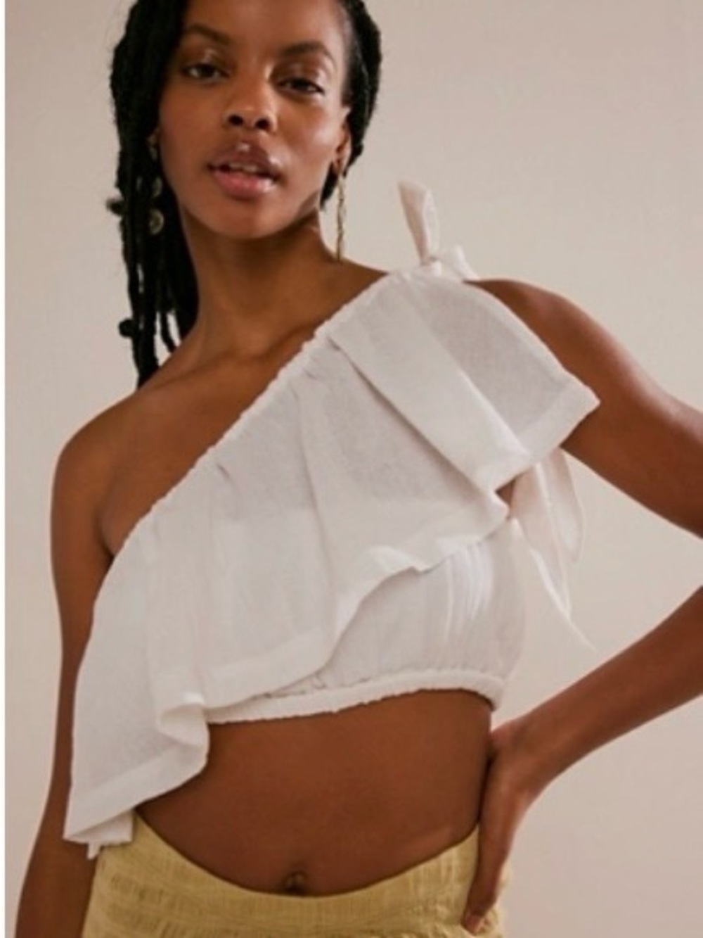 Free People White One-Shoulder Ruffle Crop